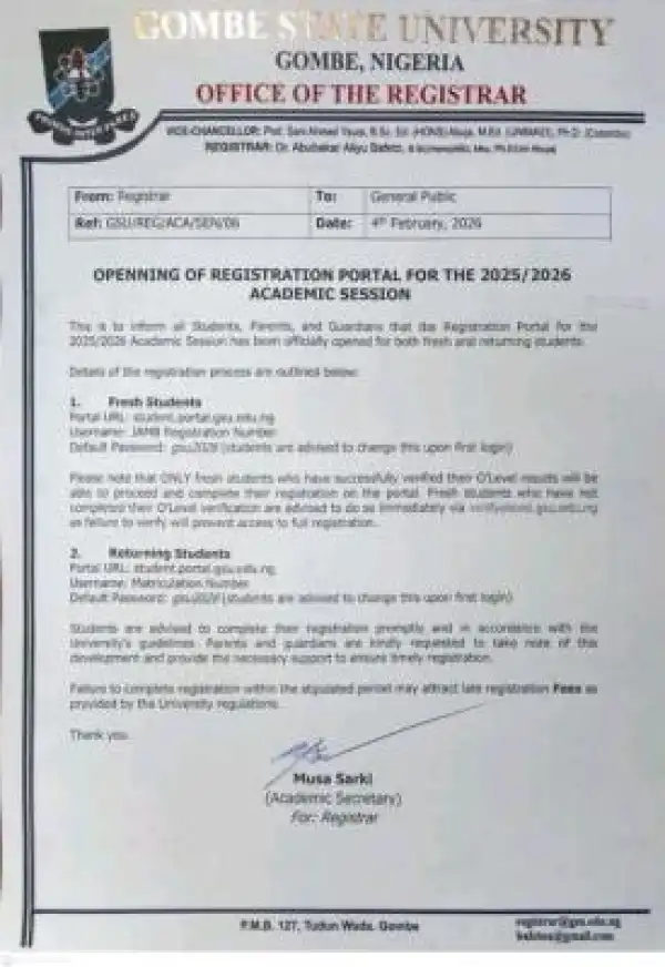 GOMSU opens registration portal for 2025/2026 academic session