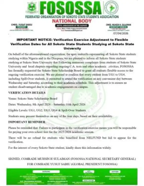 Federated Organisation of Sokoto State Students Association update on scholarship verification