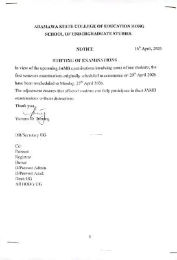 Adamawa State College of Education, Hong rescheduled 1st semester examination