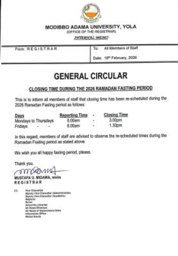 MAU Yola adjusts work hours for 2026 Ramadan Fasting