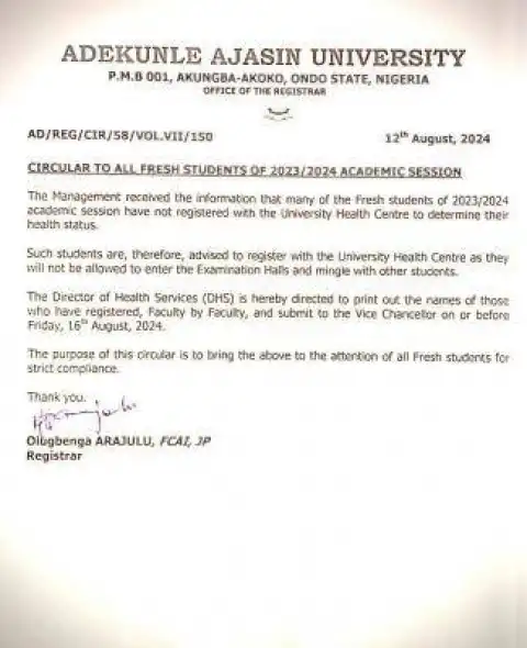 AAUA notice to fresh students admitted in 2023/2024 session