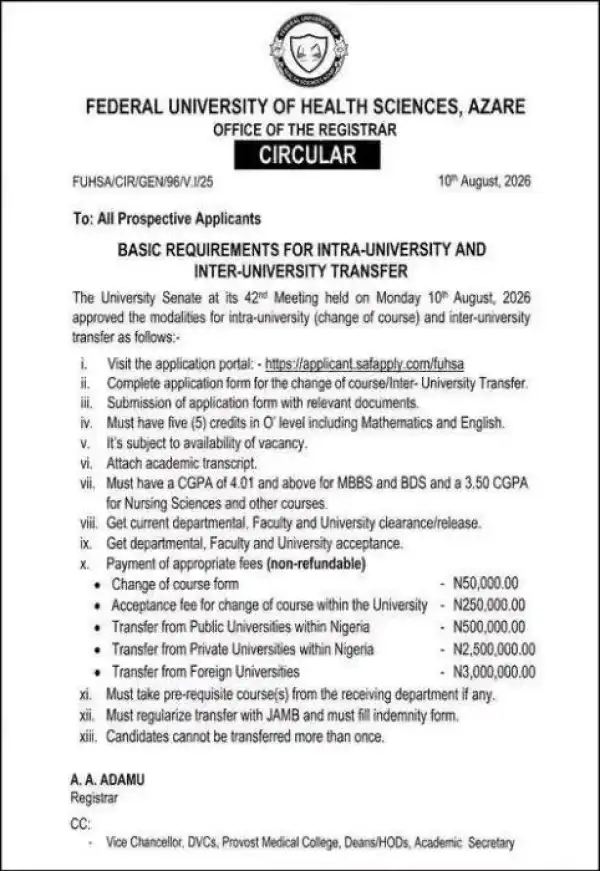 FUHSA requirements and fees for intra- and inter-University transfers