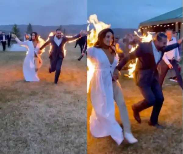 Wow! Bride And Groom Set Themselves On Fire During Wedding Send Off (Video)