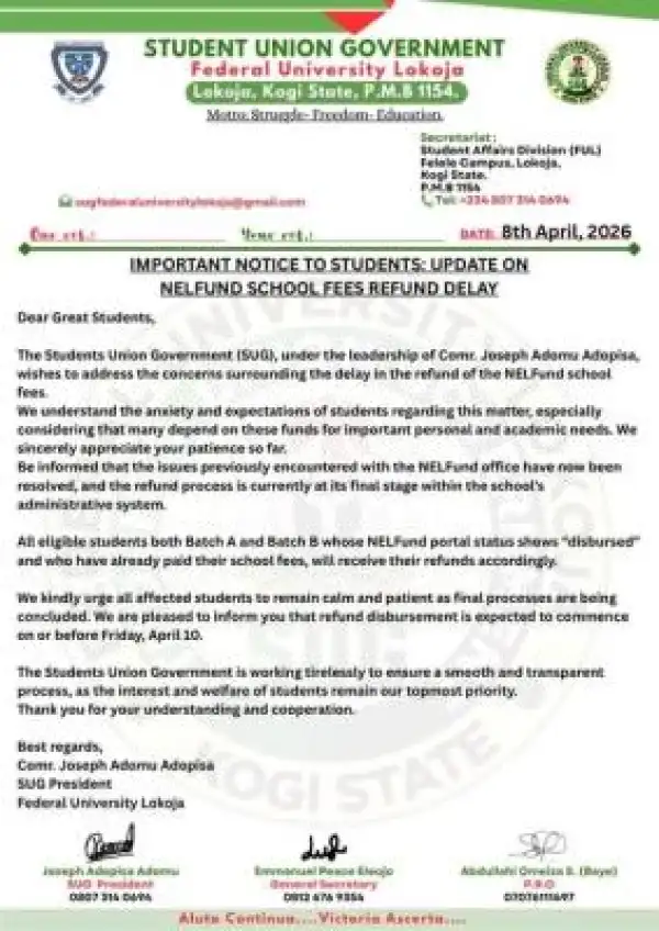 FULokoja SUG update on NELFUND refund