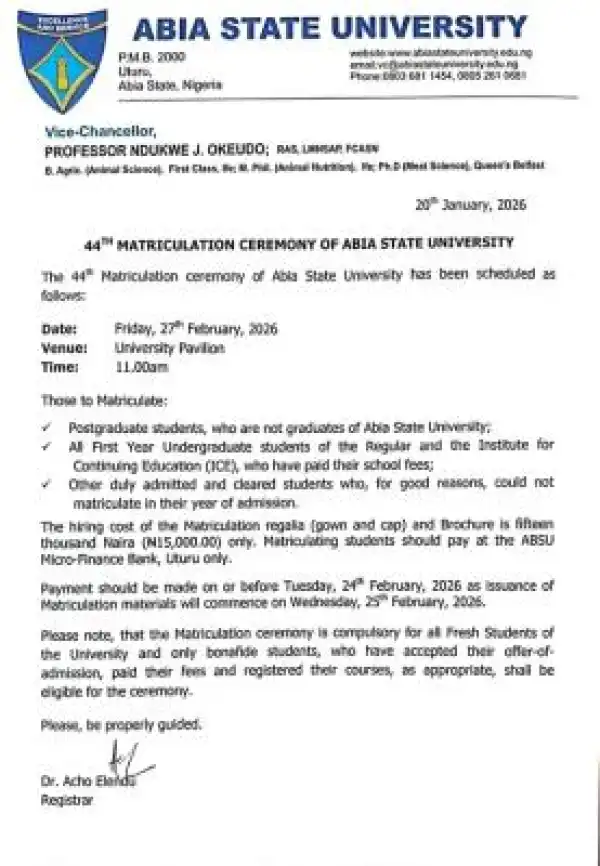ABSU announces 44th matriculation ceremony