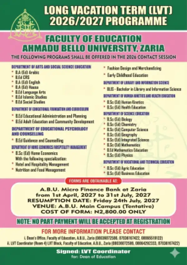 ABU Faculty of Education Long Vacation Term (LVT) Programme, 2026/2027