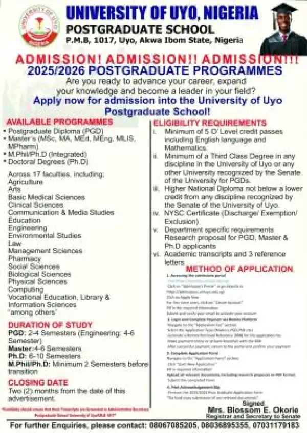 UNIUYO postgraduate admission form, 2025/2026