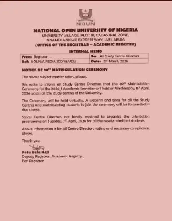 NOUN announces 30th matriculation ceremony