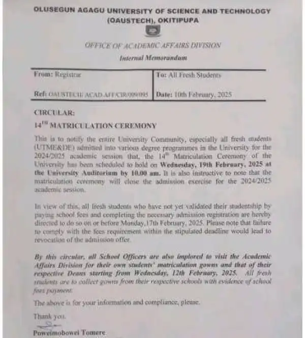 OAUSTECH announces 14th Matriculation Ceremony