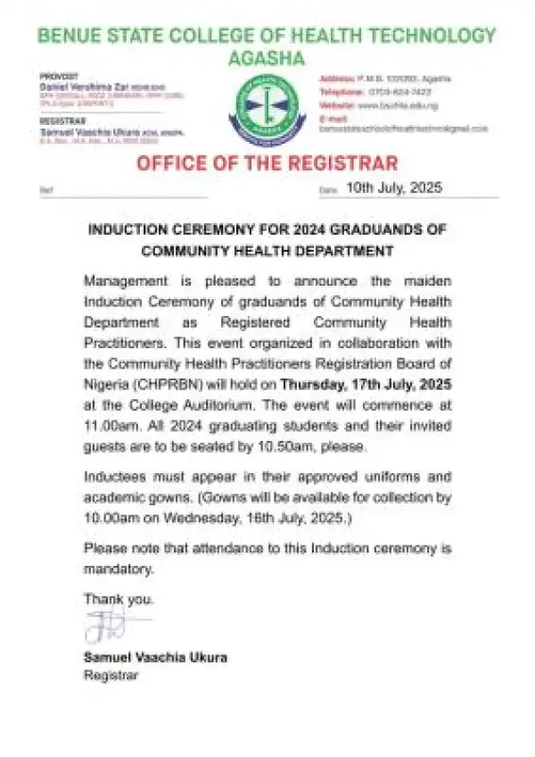 Benue State College of Health Tech. Agasha Induction Ceremony for 2024 Community Health Graduands
