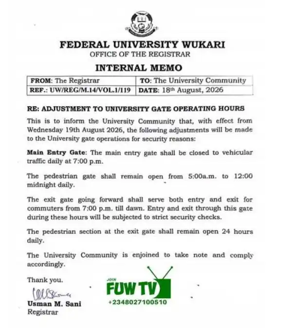 FUWAKARI adjusts University Gate operating hours
