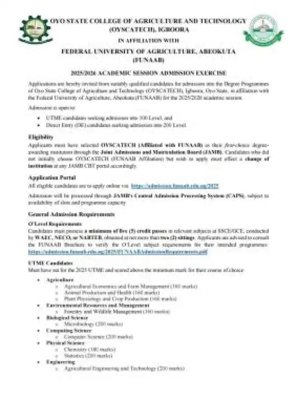 OYSCATECH (FUNAAB affiliated) Post-UTME/DE 2025: Cut-off mark, Eligibility & Registration Details