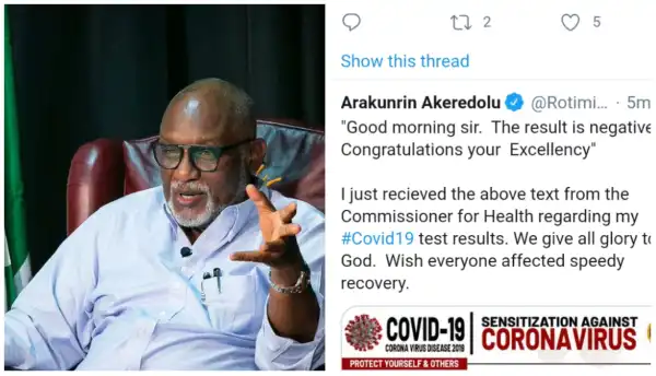 Breaking! Ondo State Governor Akeredolu test negative to coronavirus