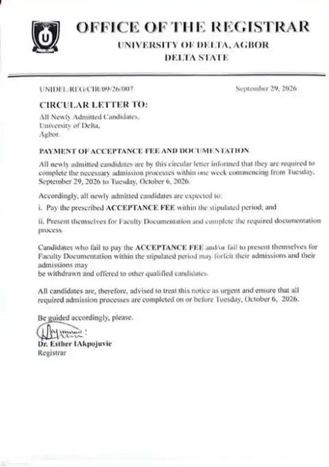 UNIDEL notice on payment of acceptance fee and documentation