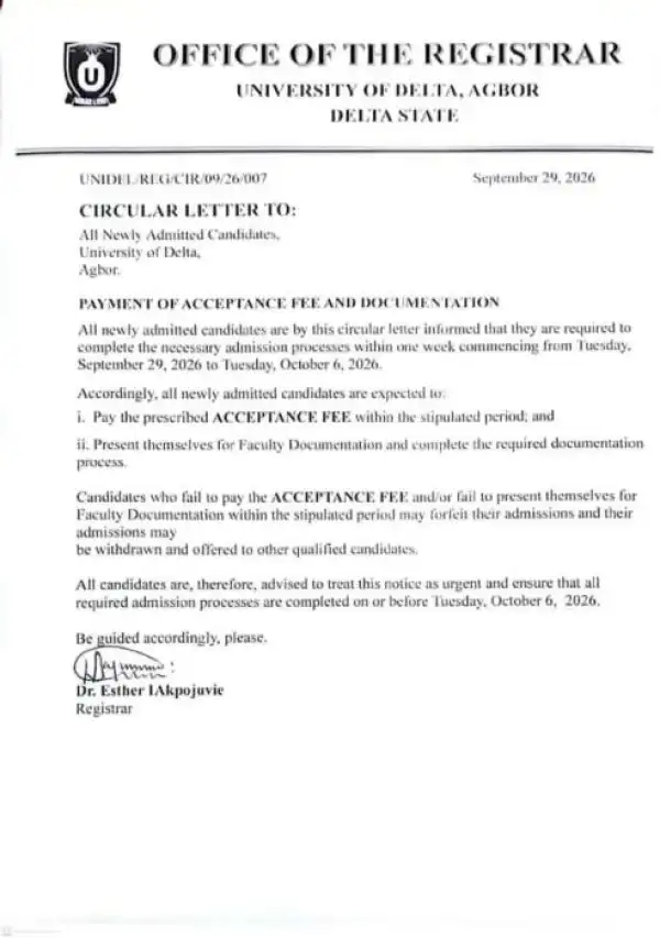 UNIDEL notice on payment of acceptance fee and documentation
