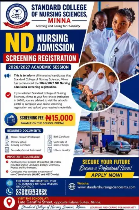 Standard College of Nursing Sciences, Minna ND Nursing Admission form, 2026/2027