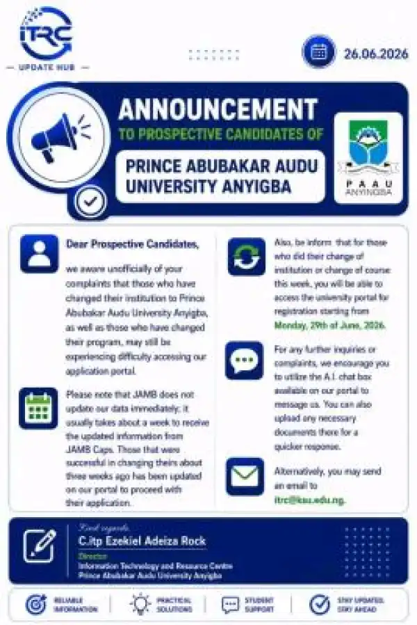 PAAU update for 2026 Post-UTME candidates awaiting portal access