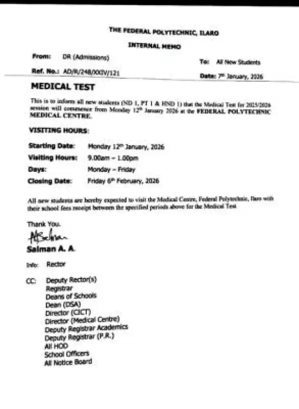 Ilaro Poly announces medical test for new students, 2025/2026