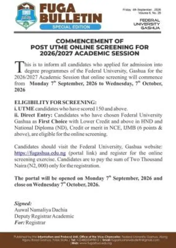 FUGASHUA Post-UTME/DE 2026: Cut-off mark, Eligibility and Registration Details