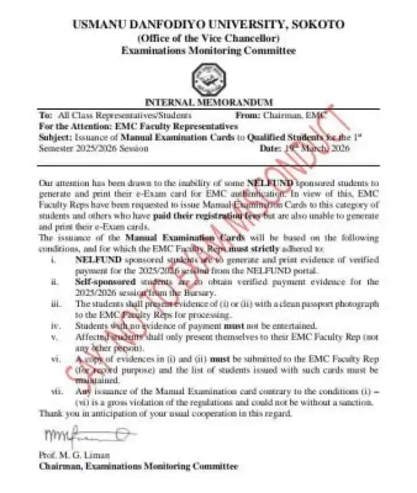 UDUS update on issuance of manual examination cards