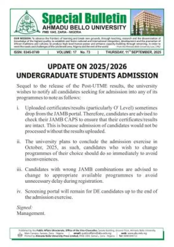ABU announces release of 2025 Post-UTME result and instructions to candidates