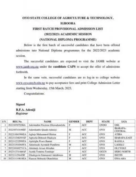 Oyo State College Of Agriculture ND 1st batch Provisional admission list, 2022/2023