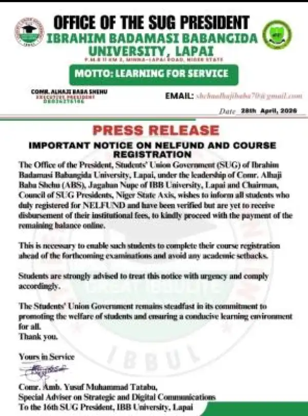 IBBUL SUG notice on NELFUND and Course Registration