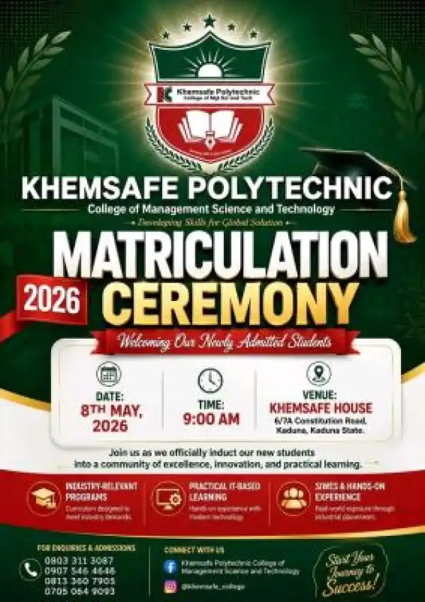 Khemsafe Polytechnic, Kaduna 2026 matriculation ceremony holds 8th May