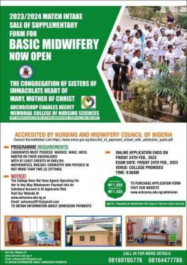 Archbishop Charles Memorial College of Nursing Science supplementary form for Basic Midwifery, 2023/2024