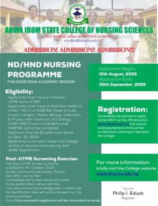 Akwa Ibom College of Nursing Sciences releases ND/HND Nursing form, 2025/2026