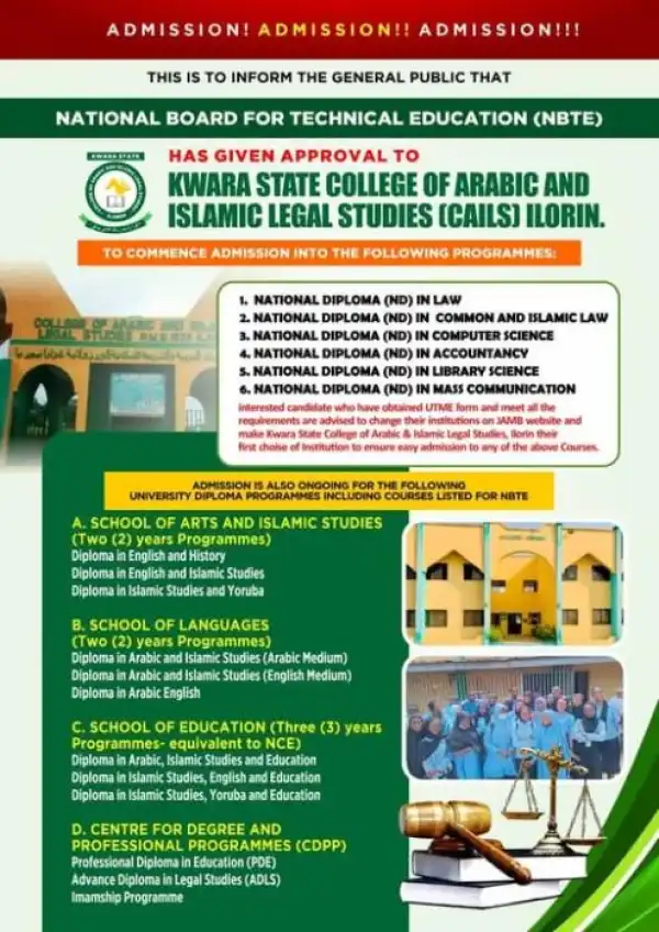 Kwara College of Arabic & Islamic Legal Studies admission into 6 newly approved programmes