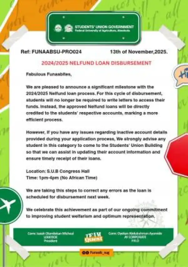 FUNAAB SUG update on NELFUND loan disbursement, 2024/2025