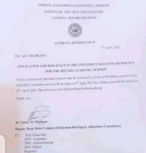 UDUS notice on application for hostel accommodation, 2022/2023