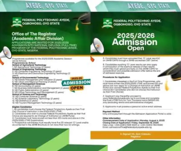 Fed Poly Ayede Post-UTME 2025: cut-off mark, eligibility and registration details