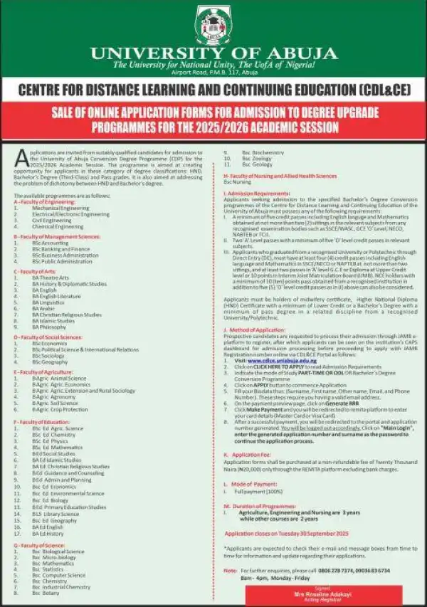 UNIABUJA degree upgrade admission, 2025/2026