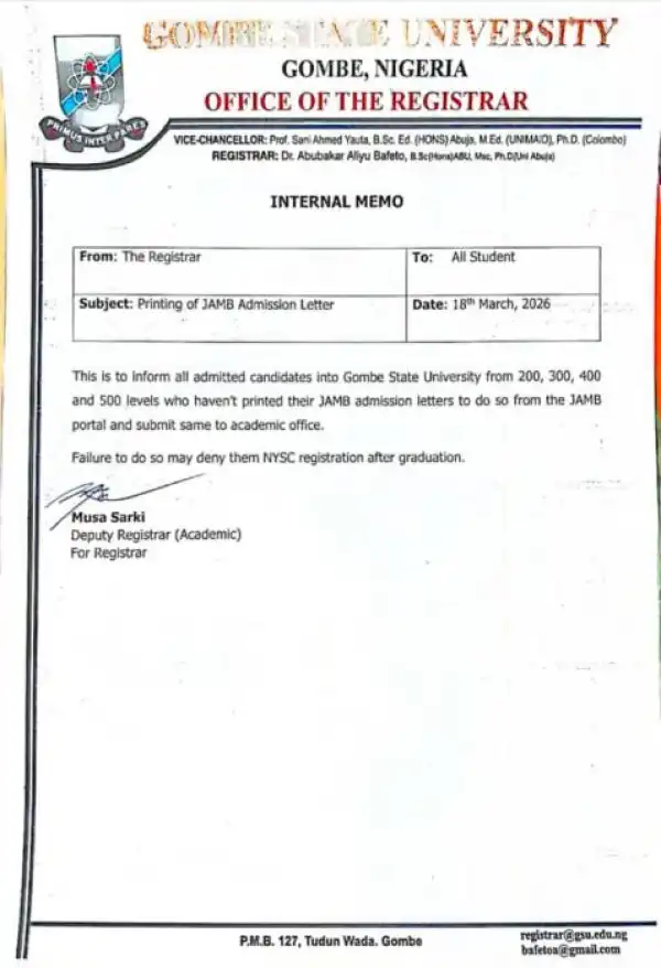 GSU notice to 200, 300, 400, and 500 level students on JAMB Admission Letters