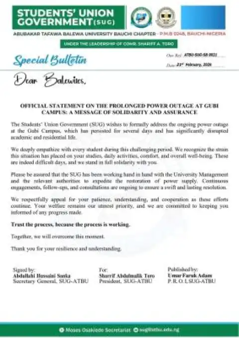 ATBU SUG gives update on prolonged power outage at Gubi Campus