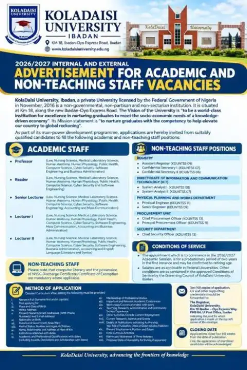 KolaDaisi University announces academic, non-teaching staff vacancies