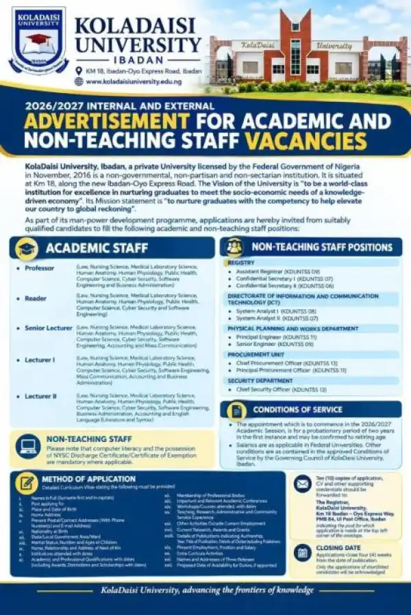 KolaDaisi University announces academic, non-teaching staff vacancies