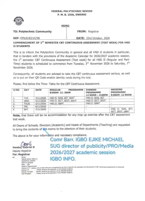 NEKEDEPOLY notice on commencement of continuous assessment for HND II students, 2026/2027