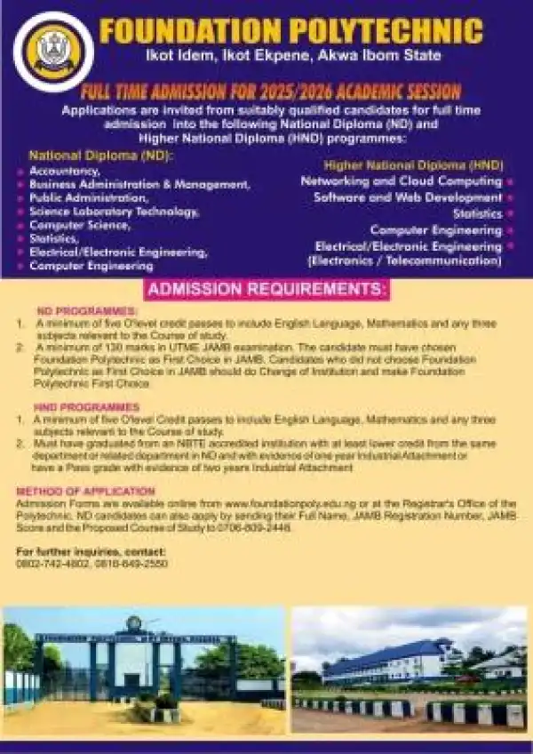 Foundation Polytechnic, Ikot Ekpene ND/HND Admission form, 2025/2026