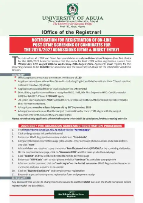 UNIABUJA Post-UTME/DE 2026: Cut off mark, Eligibility and Registration Details