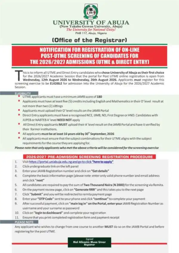 UNIABUJA Post-UTME/DE 2026: Cut off mark, Eligibility and Registration Details