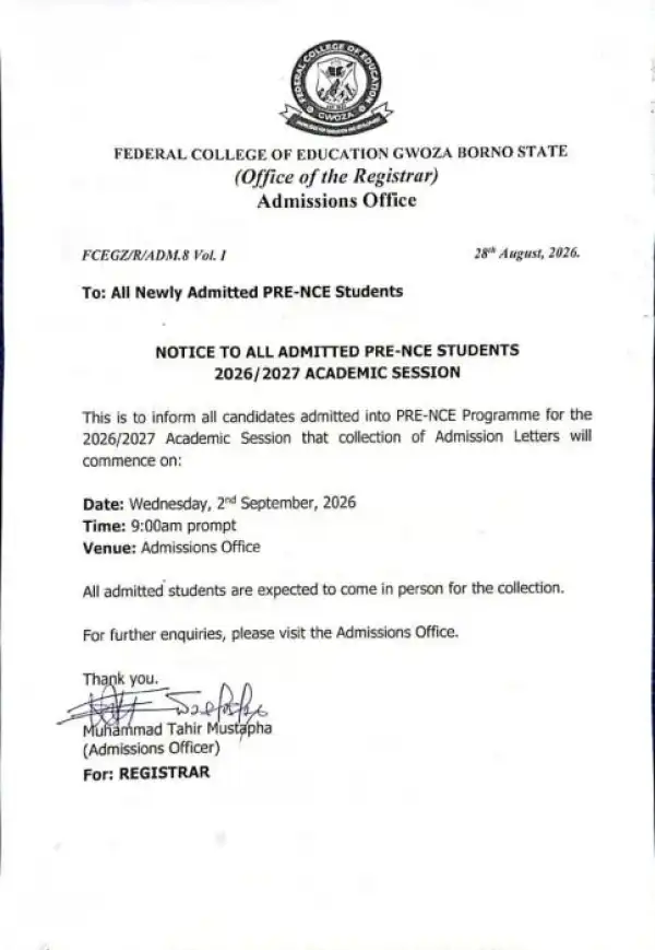 FCE Gwoza, Borno notice to all admitted Pre-NCE students, 2026/2027
