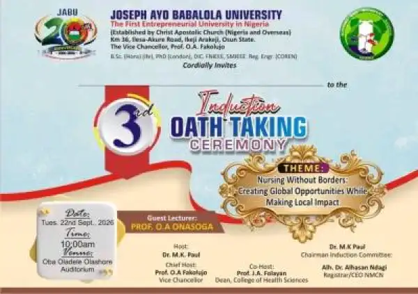 JABU announces 3rd Nursing Induction/Oath-Taking Ceremony