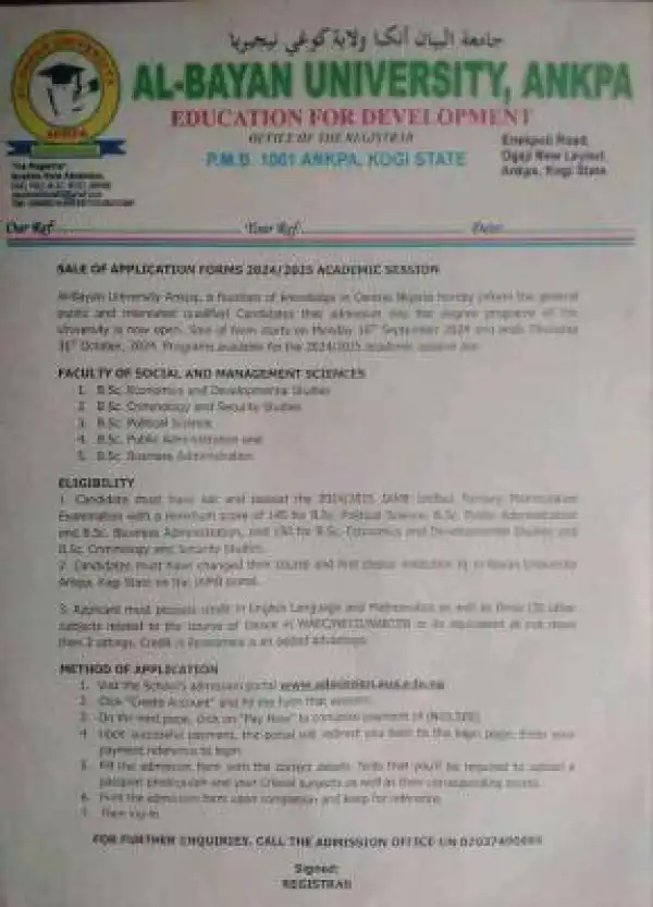 Al-Bayan University, Ankpa Post-UTME 2024: cut-off mark, eligibility and registration details