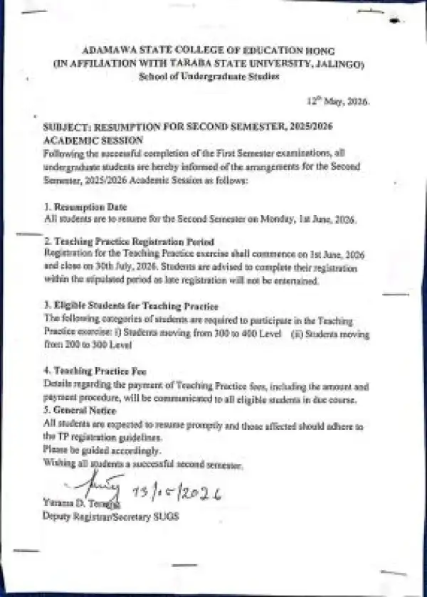 Adamawa State COE, Hong (TASU affiliated) issues second semester resumption notice, 2025/2026