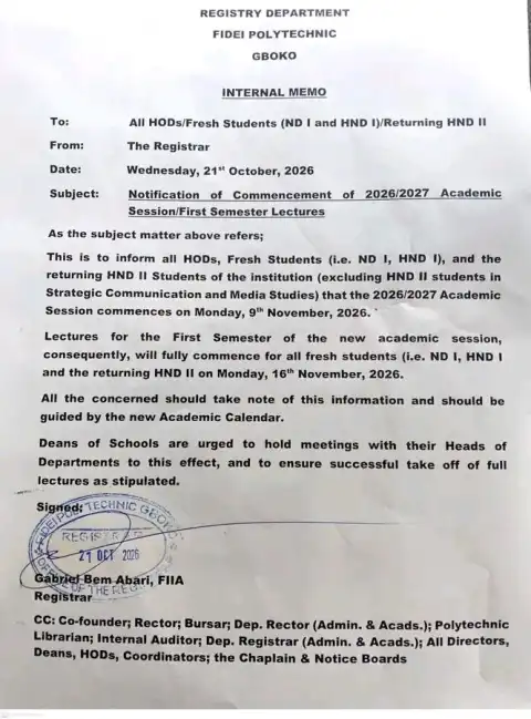 Fidei Polytechnic Announces Resumption, First Semester Lectures for 2026/2027 Session