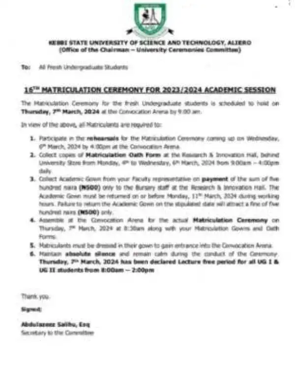 KSUSTA announces 16th matriculation ceremony, 2023/2024