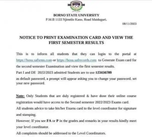 BOSU notice to students on printing of examination card/viewing of first semester results